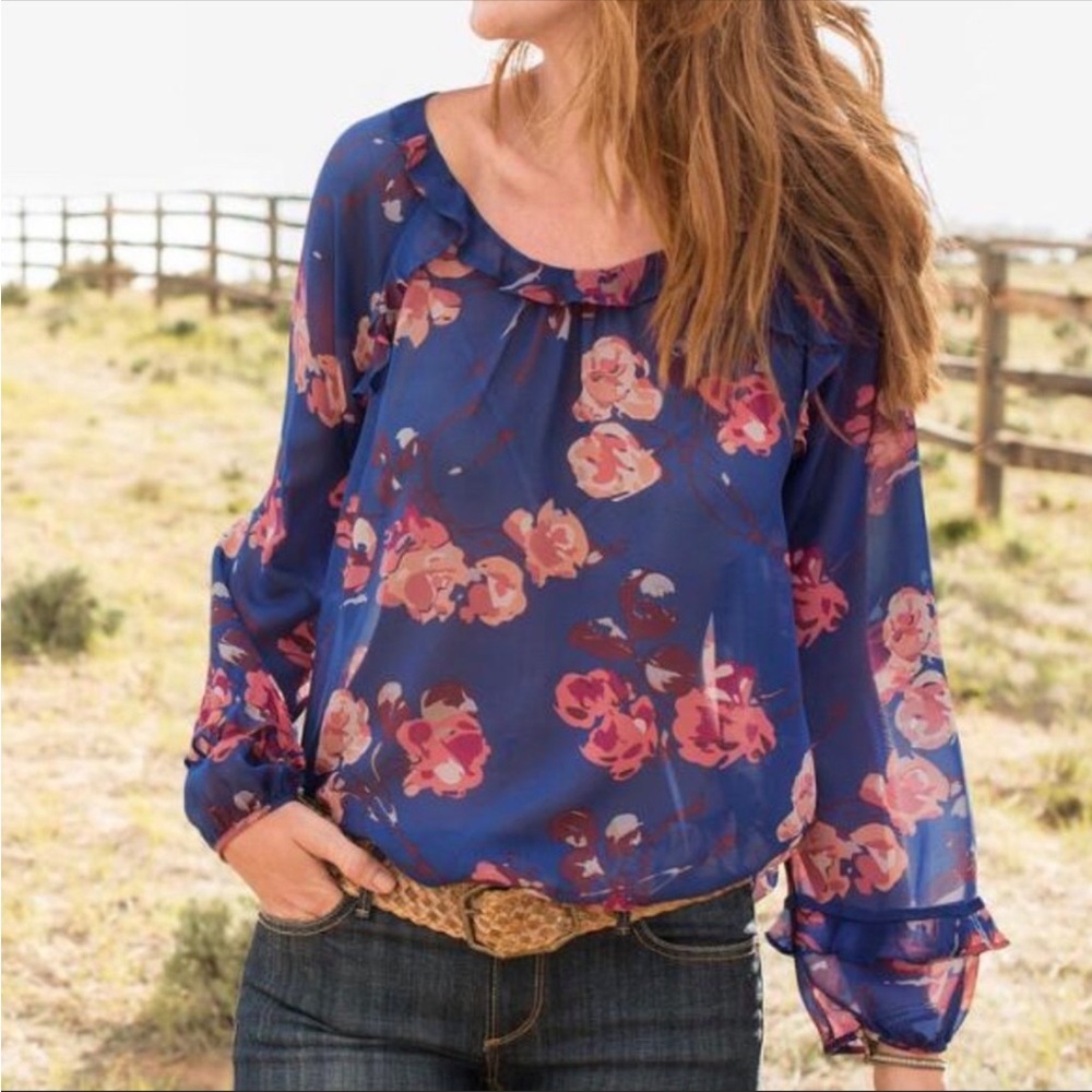 Sundance River Blossoms Blue Floral Silk Blouse